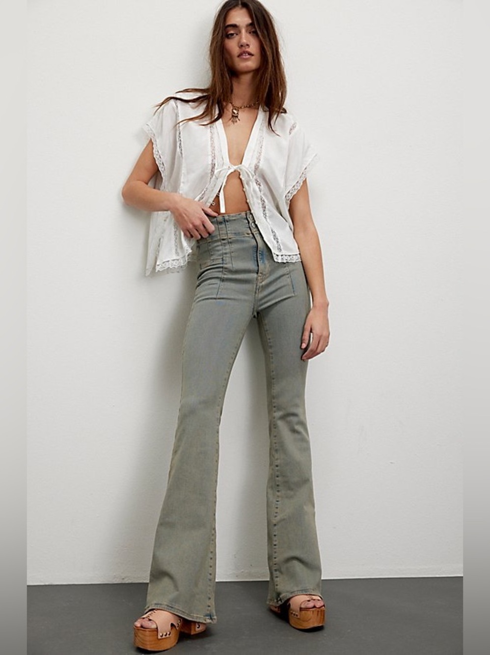 Free People Jayde Flare Jeans 33 Blue Gray High-Rise Boho Hippie Denim Y2K Retro